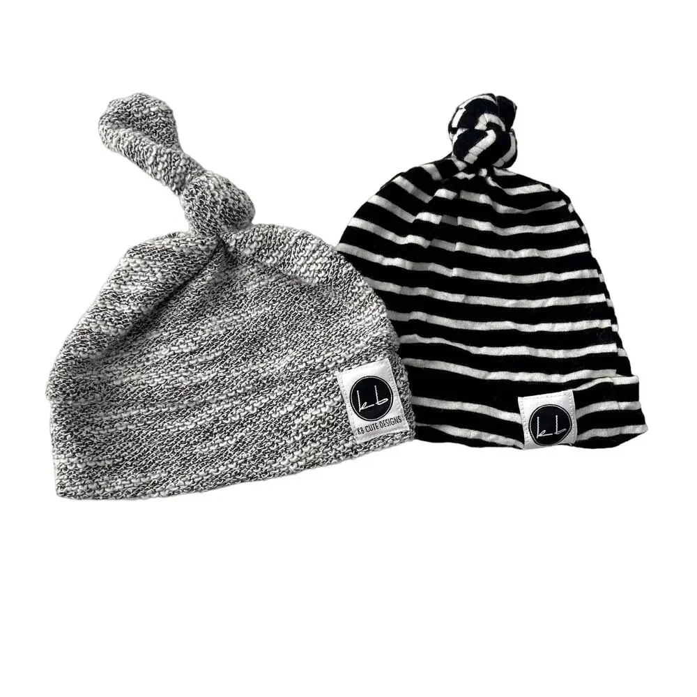 KB Cute Designs Top Knot Baby Hat Bundle - Neutrals Stripes, Marled Knit - 0-6M
